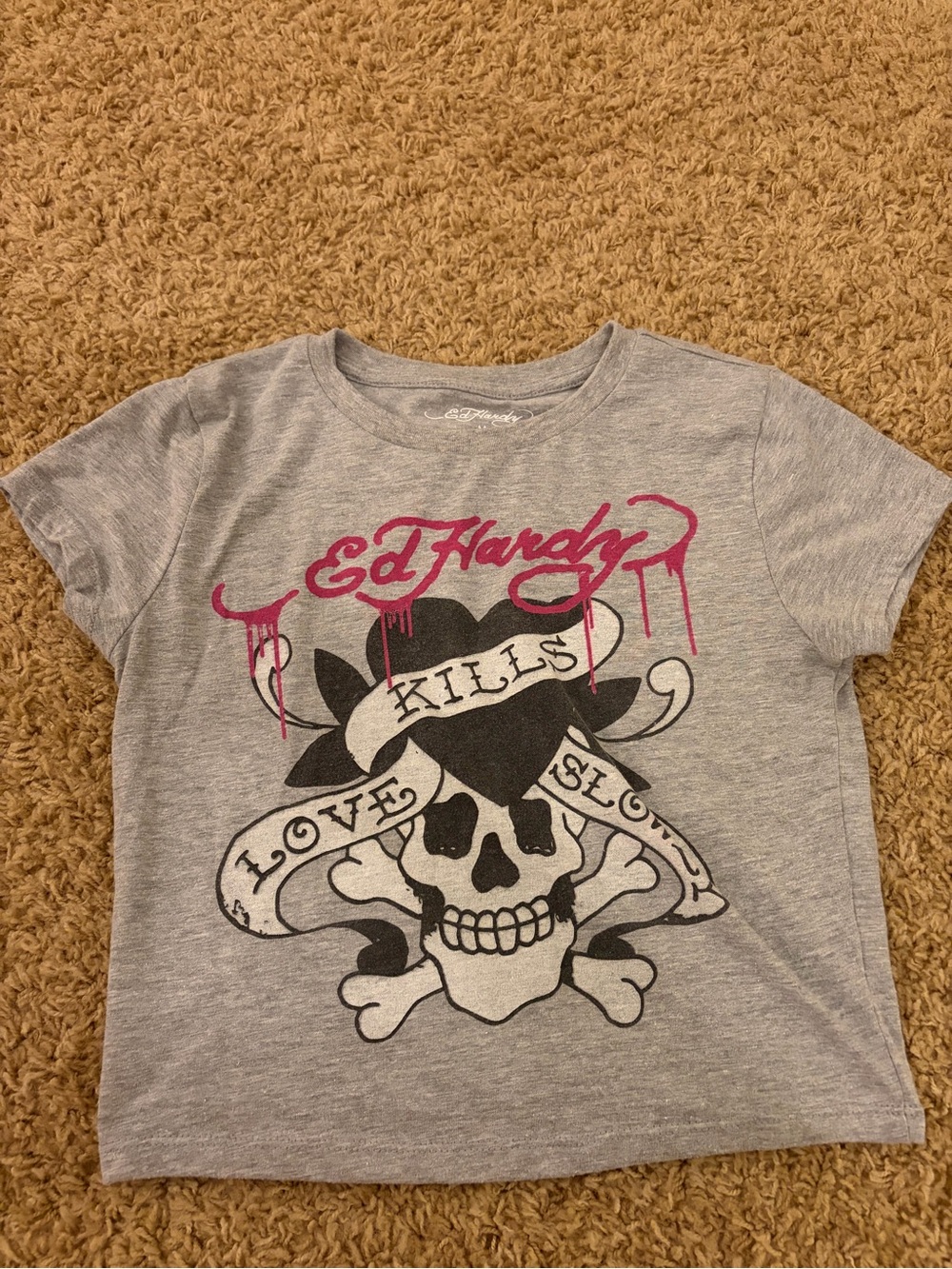 Ed Hardy Heather Gray Tee with Pink Script & Black Skull Graphic